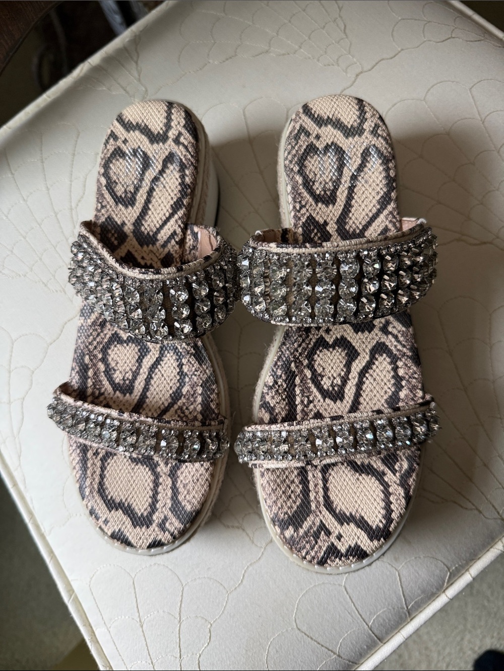 Jennifer Lopez Pink Snake Print Jeweled Slide Sandals